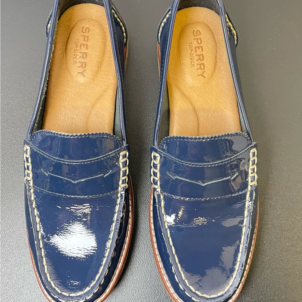 Sperry Navy Patent Penny Loafers with Tan Insole